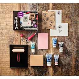 Speedball Deluxe Block Printing Kit contents laid out on table