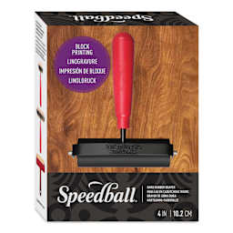 Speedball Deluxe Hard Rubber Brayer with Heavy-Duty Steel Frame - 4" front of packaging