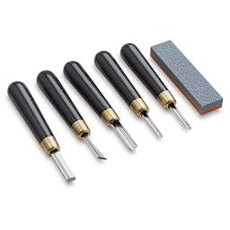 RGM Linoleum Knives - Left Angle view of Components of Knife Set with Sharpening Stone 