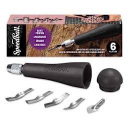 Speedball Linoleum Handle - Black Lino Handle No. 1, Set of 5 Cutters, shown in front of packaging
