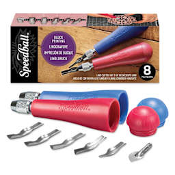 Speedball Linoleum Handle - Lino Handle No. 2, Set of 6 Cutters, set contents in front of packaging