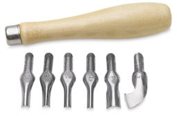 Wooden Linoleum Cutter Set - Handle shown with 6 Cutters