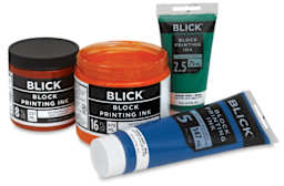 Blick Water-Soluble Block Printing Inks, assorted tubes and jars shown, one with cap removed
