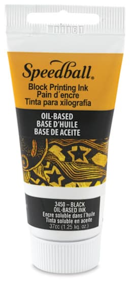 Speedball Oil Base Block Printing Ink - Black, 1.25 oz standing on cap