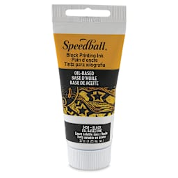 Speedball Oil Base Block Printing Ink - 1.25 oz Tube of Black Ink standing on cap