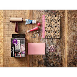 Speedball Water-Based Block Printing Starter Set, contents with decorated notebook