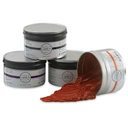 Gamblin Etching Inks - Four Tins shown with one open and tipped with Napthol Red Ink poured out