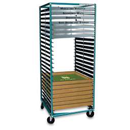 AWT Rollin' Screen Racker - Angled view of 25 shelf Screen Racker partially filled