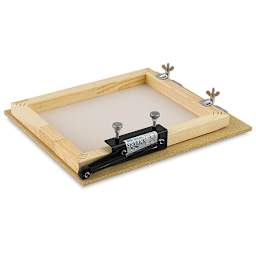 Screen Print Frame Sidekick Support - Shown lowered on table attached to frame