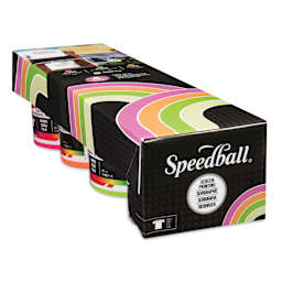 Speedball Fabric Screen Printing Ink - Fluorescent Colors, Set of 4, 4 oz, Jars inside of packaging