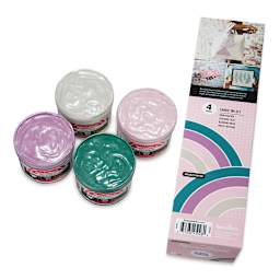Speedball Fabric Screen Printing Ink - Polished Pastel Colors, Set of 4, 4 oz, Jars (Shown with packaging, Lids off jars)