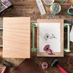 Woodzilla Hand Lino Press, flower print in progress