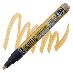 Pebeo Acrylic Marker - Precious Gold 4 mm Chisel Nib marker and swatch