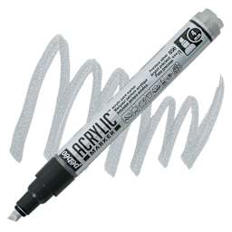 Pebeo Acrylic Marker - Precious Silver, 4 mm Chisel Nib marker and swatch