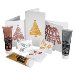 Essdee Premium Water Based Block Printing Ink Set - Metallic Set of 3, 100 ml Tubes (Holiday cards printed with metallic inks)