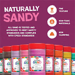 Naturally Sandy, All sand is tested and approved to meet safety standards and complies with CPSTA standards, Fine Texture, Non-Toxic Materials, Non-Clumping