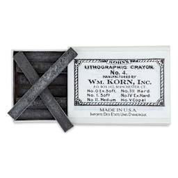 Korn's Lithographic Crayons - Box of 12, #4 Extra Hard - with box slid half open