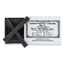Korn's Lithographic Crayons - Box of 12, #2 Medium - top view with box slid half open