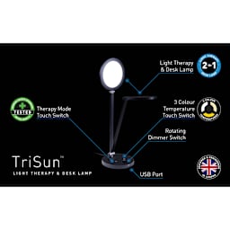 Daylight TriSun Light Therapy Desk Lamp, display of the features