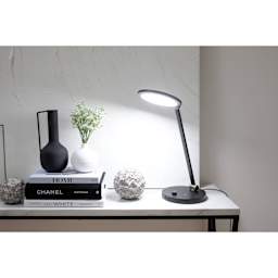 Daylight TriSun Light Therapy Desk Lamp, bright light on pointing to books on a table