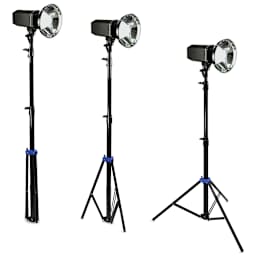 Savage Drop Stands - 3 Stands with light attached in various stages of assembly