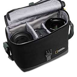 National Geographic Shoulder Bag - Medium, top open looking at the inside of the bag