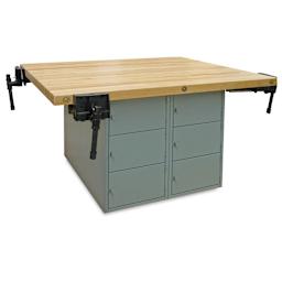 Hann Four-Station Locker-Type Workbench - showing 12 horizontal lockers and 4 vises