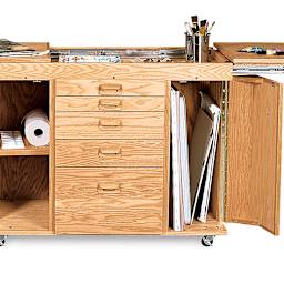 Shawn's Watercolor Station - opened showing canvas storage and Top work space with accessories