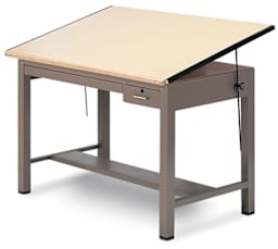 Mayline Ranger Steel Four-Post Drawing Tables - Angled view with Tool and Plan Drawers
