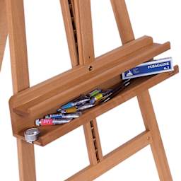 Mabef Lyre Easel M-11 - Closeup of Easel Tray holding assorted paint tubes