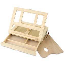 Blick Studio Desk Easel with easel raised and drawer out and palette