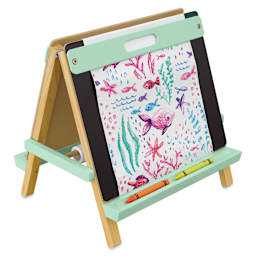 Blick Children's Tabletop Easel - Green, paper clipped to easel