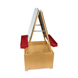 Mobile Art Center-side view showing double sided easels, and adjustable paint trays