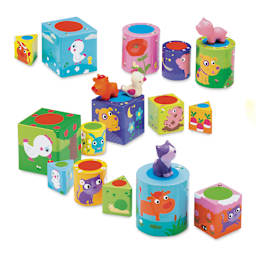 Djeco Ludanimo 3-in-1 Game - Component Pieces laid out in curved row