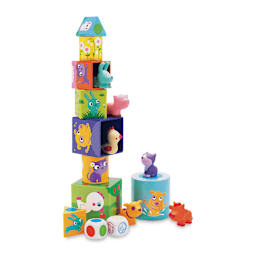 Djeco Ludanimo 3-in-1 Game - Component Pieces stacked in tower