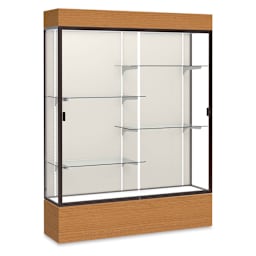 Waddell Reliant Display Cases - left angle view shows 4 shelves and sliding glass doors, plaque back