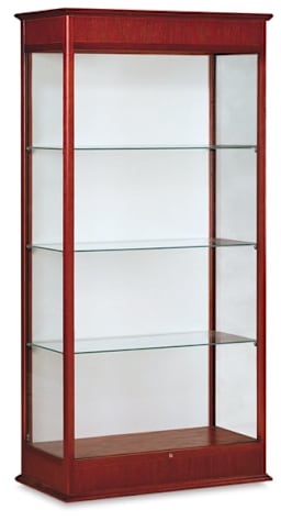 Varsity Series Display Case, -left angle view showing three glass shelves  and Plaque back 