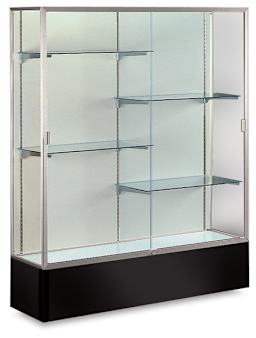 Spirit Series Display Case - Angled view of Satin Aluminum Frame with Black Base