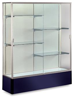 Spirit Series Display Case - Angled view of Satin Aluminum Frame with Navy Base