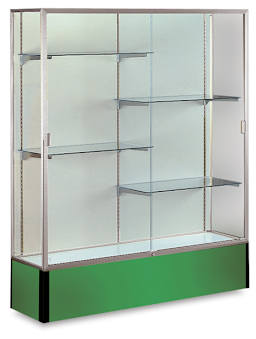 Spirit Series Display Case - Angled view of Satin Aluminum Frame with Kelly Green Base