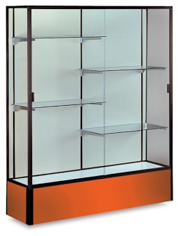 Spirit Series Display Case - Angled view of Champagne Gold Frame with Orange Base