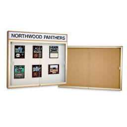 Wall Mounted Display Cabinet-2 shown, one with cork back, one with plaque backing and header panel