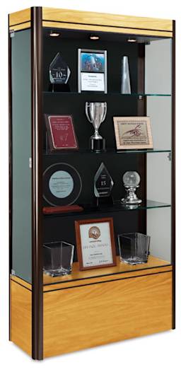 Contempo 36" Display Case-side view showing locking door, 3 glass shelves, maple/bronze finish