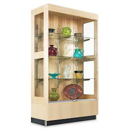 Premier Display Cabinet - left angled view with three glass shelves filled with pottery