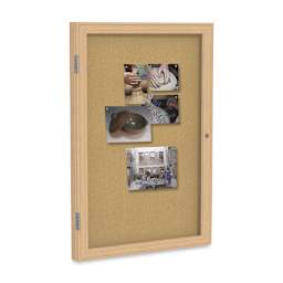 Ghent Natural Cork Bulletin Board - 18" x 24", 1 Door, Oak Frame - holding picture examples (not included)