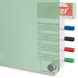 Ghent Harmony Glass Markerboard - closeup of lower right corner shows eraser, marker holder