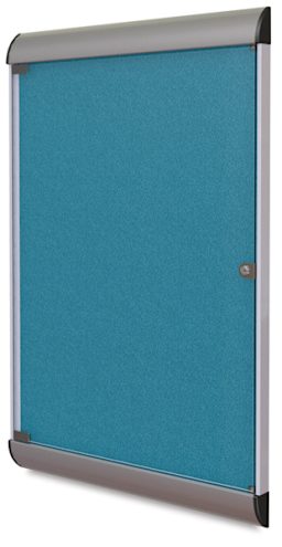 Ghent Enclosed Tackboard-right angle with metal frame, locking glass door shown in Ocean color