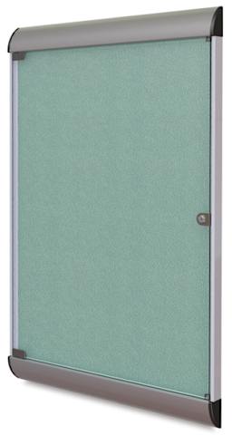 Ghent Enclosed Tackboard-right angle with metal frame, locking glass door shown in Stone color