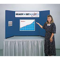 Expostar Ready Set Show Tabletop Display - Blue, Woman Standing Next To Display