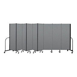 Screenflex Portable Room Dividers - 6 ft x 16 ft, Gray, 9 Panel - with half of the divider partially folded